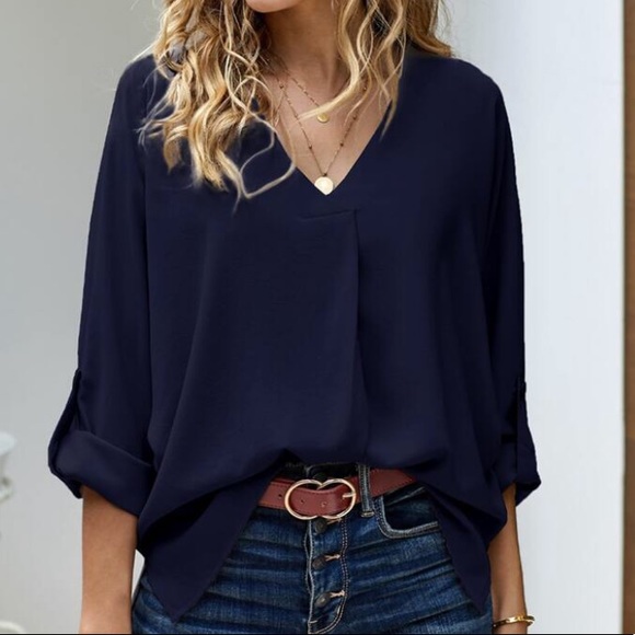SHEIN V-Neck Roll Up Sleeve Dip Hem Blouse - Picture 1 of 6